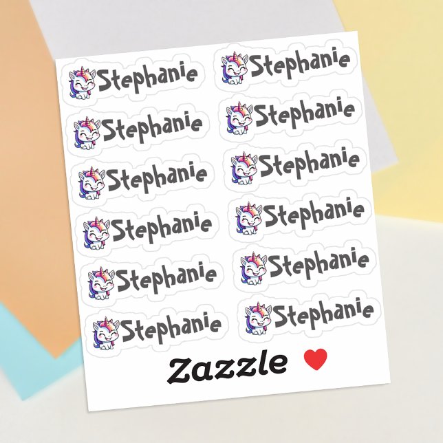 Set von 12 kleinen Whimsical Lächeln Unicorn Name Aufkleber (Whimsical unicorn name vinyl stickers. 🦄)