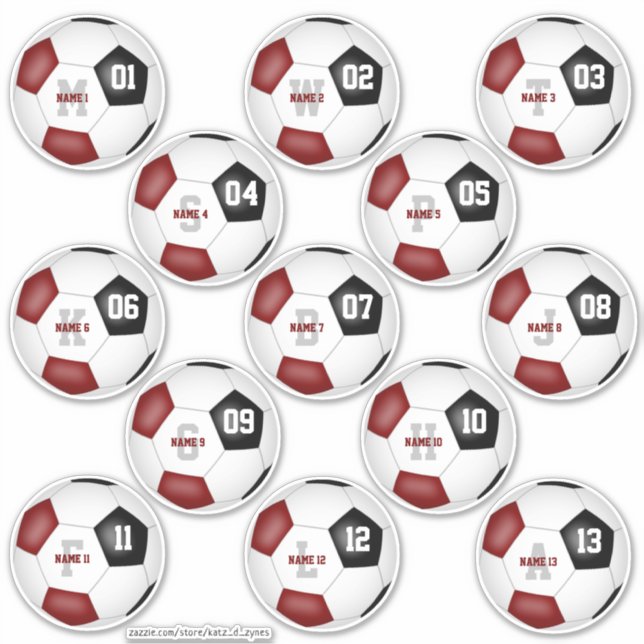 Set von 13 Maronen schwarzen Fußball-Team Kinder P Aufkleber (Vorderseite)