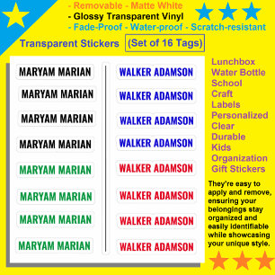 Set von 16 farbigen Tags, Transparente Namensaufkl Aufkleber