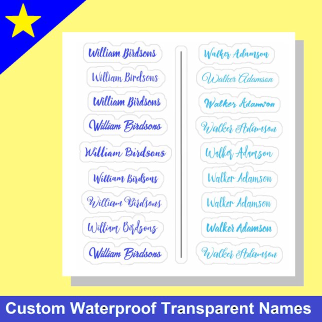 (Set von 18) Blue Transparent Simple Name Stickers Aufkleber (Waterproof name stickers
Kids label set)