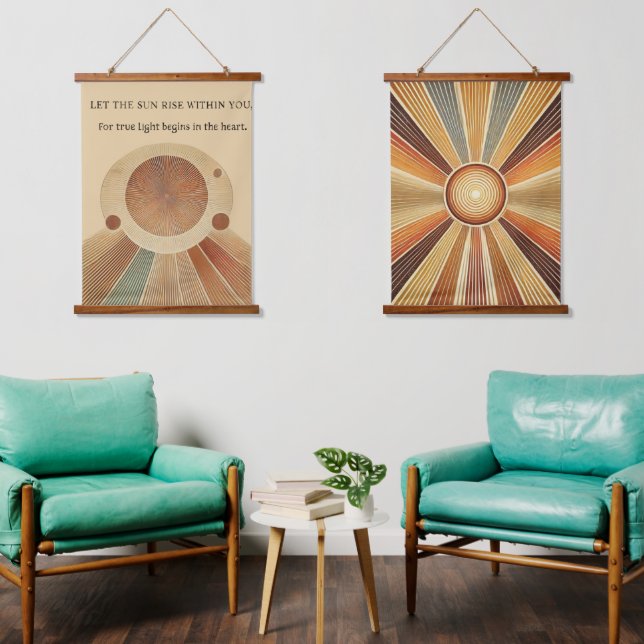 Set von 2 geometrischen Wandtapeten aus Sonnenholz Wandteppich Mit Holzrahmen