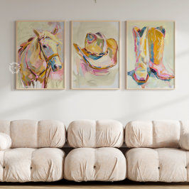 Set von 3 Cowgirl Boot Hat Horse Western Prints