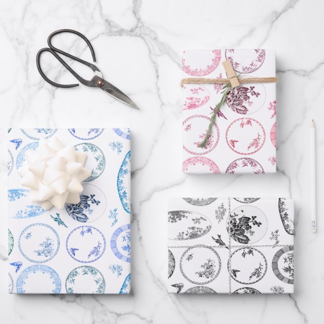 Set von 3 Farben | Französische antike Tafelblätte Geschenkpapier Set (Vorderseite)