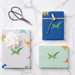 Set von 3 farbenfrohen Dino Wrapping Papers for Ki Geschenkpapier Set