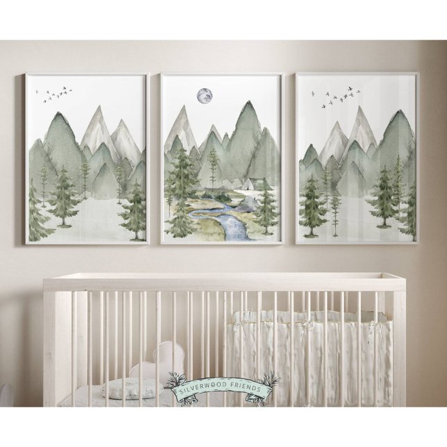 Set von 3 Gebirgsdrucken des Kinderzimmers (Set of 3 Mountain Nursery Prints featuring a watercolour mountain and forest landscape)