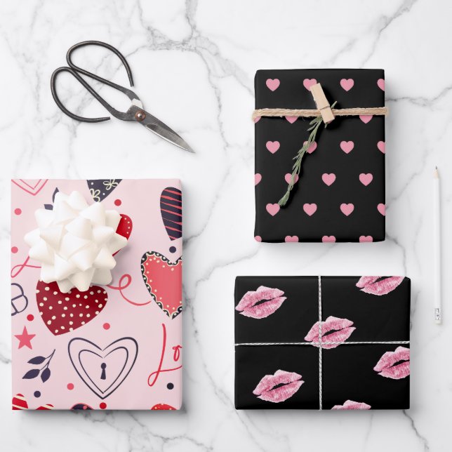 Set von 3; Herz, Küsse, Polka Dots Valentine Geschenkpapier Set (Vorderseite)