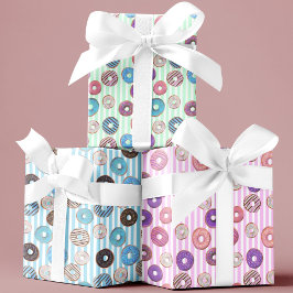 Set von 3 Niedlichen Donut-Kindern Pastellstreifen Geschenkpapier Set
