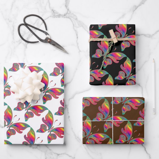 Set von 3 Regenbogenschmetterlingen Geschenkpapier Set (Vorderseite)
