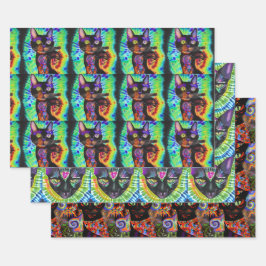 Set von 3 versammelten Coolen Halloween-Katzen-Ges Geschenkpapier Set