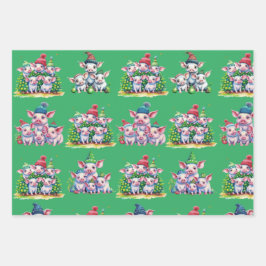 Set von 3 verschiedenen Adorable Pig Weihnachtsges Geschenkpapier Set