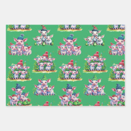 Set von 3 verschiedenen Adorable Pig Weihnachtsges Geschenkpapier Set