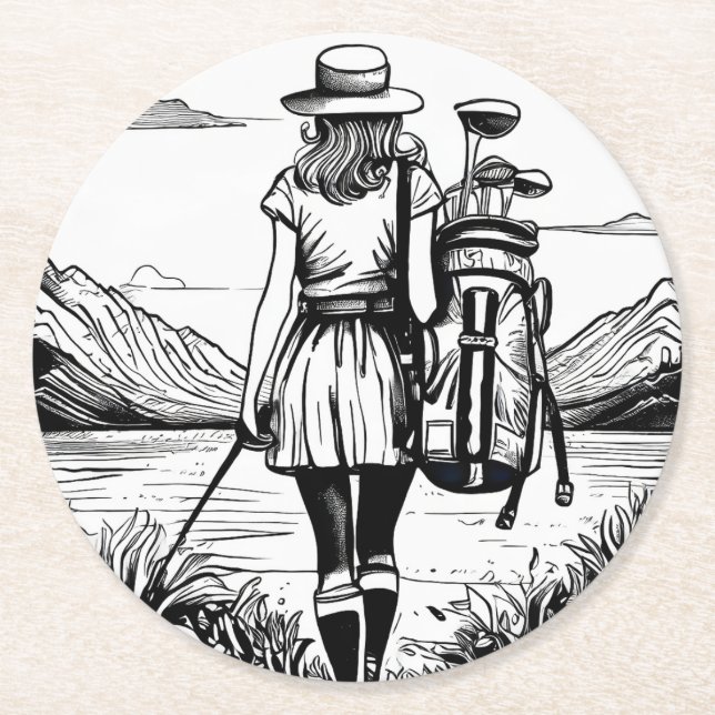 Set von 6 Golfer-Papier-Untersetzer für Frauen Runder Pappuntersetzer (Vorderseite)