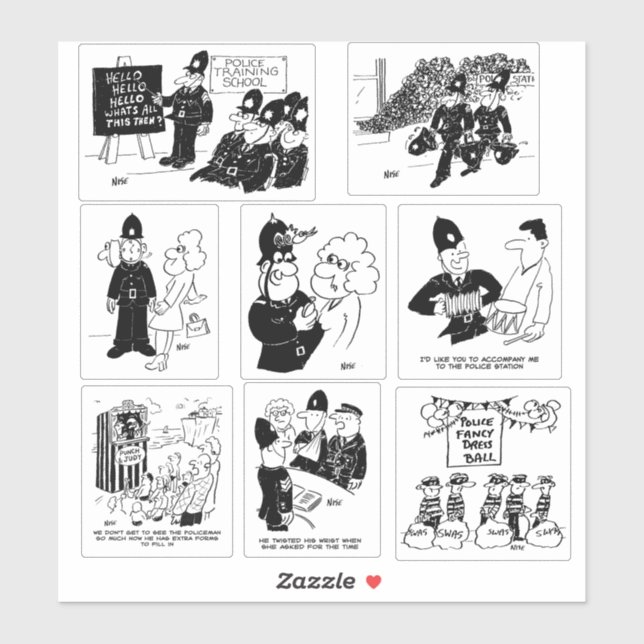 Set von acht funny UK Police Cartoon Aufkleber (Blatt)