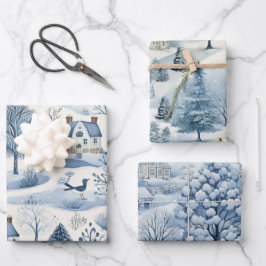 Set von Blue & White Snowy Festliche Weihnachten Geschenkpapier Set