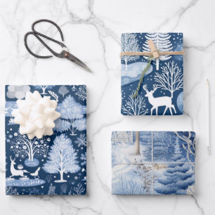 Set von Blue & White Snowy Weihnachten Geschenkpapier Set