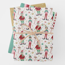 Set von drei farbigen Weihnachtselfen Geschenkpapier Set