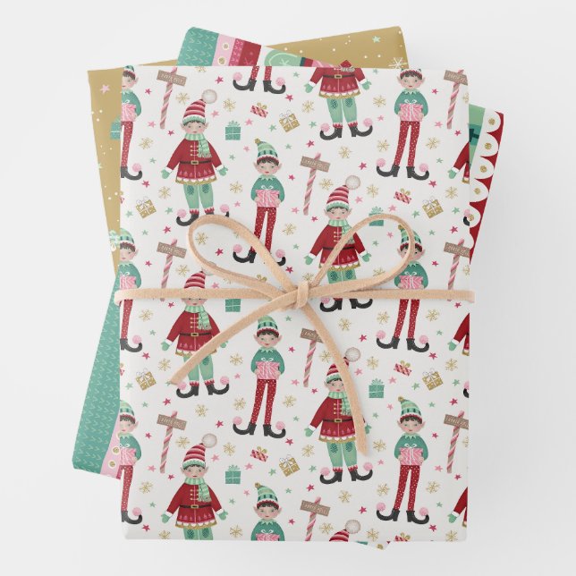 Set von drei farbigen Weihnachtselfen Geschenkpapier Set (Beispiel)