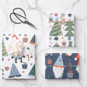 Set von drei Weihnachtsgnomen Bäume blau grün Rot Geschenkpapier Set