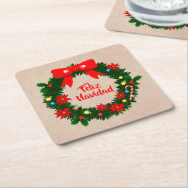 Set von Feliz Navidad Merry Christmas Wreath Bow Rechteckiger Pappuntersetzer