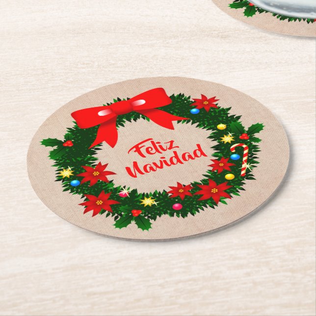 Set von Feliz Navidad Merry Christmas Wreath Bow Runder Pappuntersetzer (Angewinkelt)