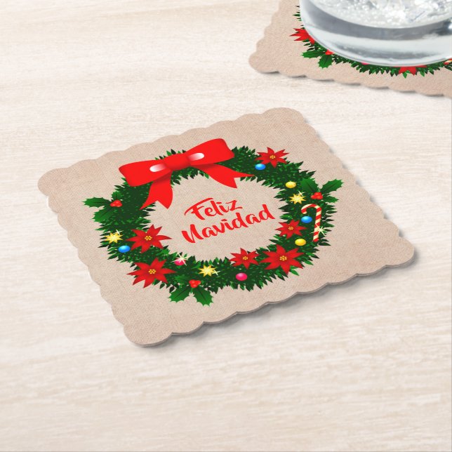 Set von Feliz Navidad Merry Christmas Wreath Bow Untersetzer (angewinkelt)