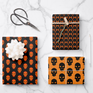 Set von Halloween Black & Orange Skulls Geschenkpapier Set