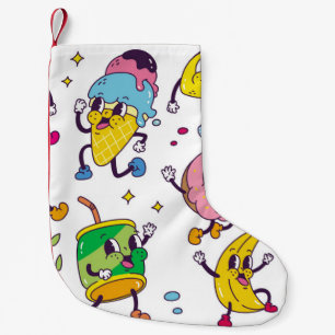 Set von Speisen und Getränken im Retro-Cartoon-Sti Kleiner Weihnachtsstrumpf