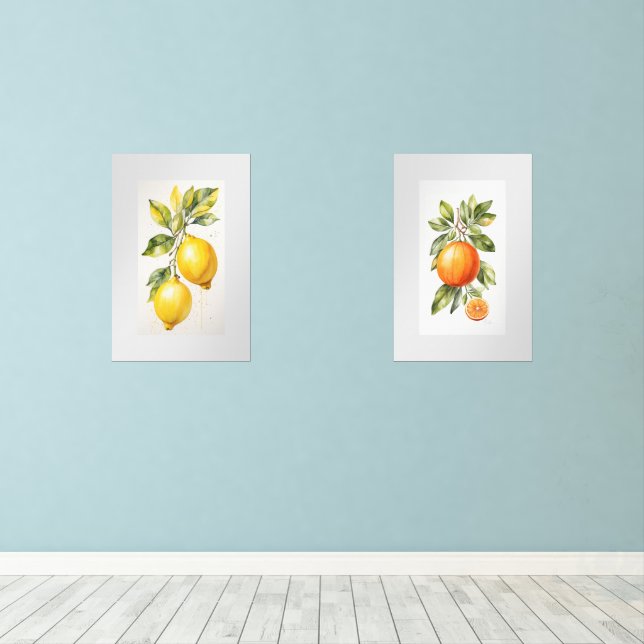 Set von zwei Wall Art Aquarell Fruchtdrucken (Holzboden)