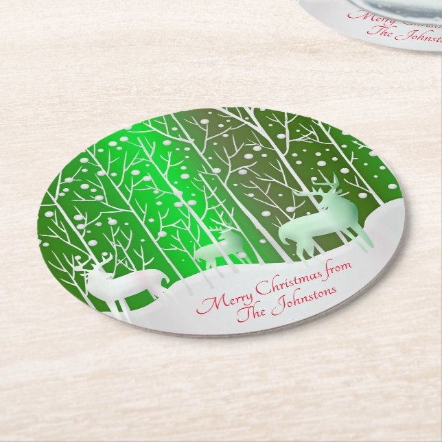 Set Weißer Reinder bearbeiten Name Grün Runder Pappuntersetzer (Angewinkelt)