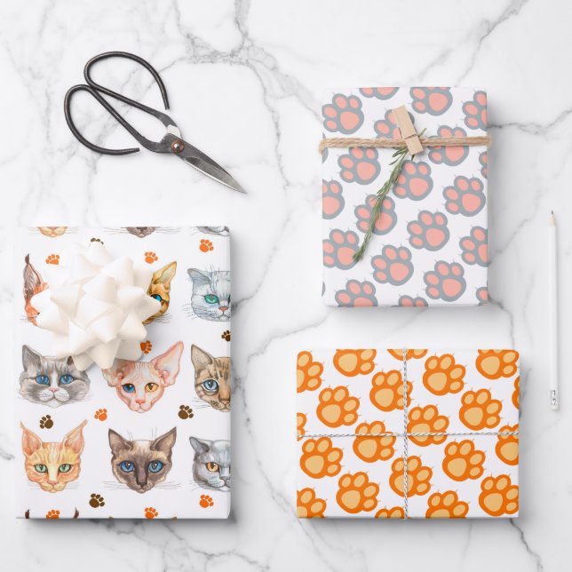 Set zum Wrapping von Katzen und Paws (3) Geschenkpapier Set (Vorderseite)