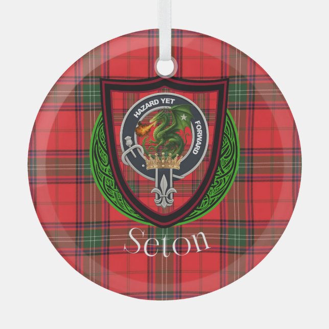 Seton Scottish Clan Tartan & Crest Ornament Aus Glas (Vorderseite)