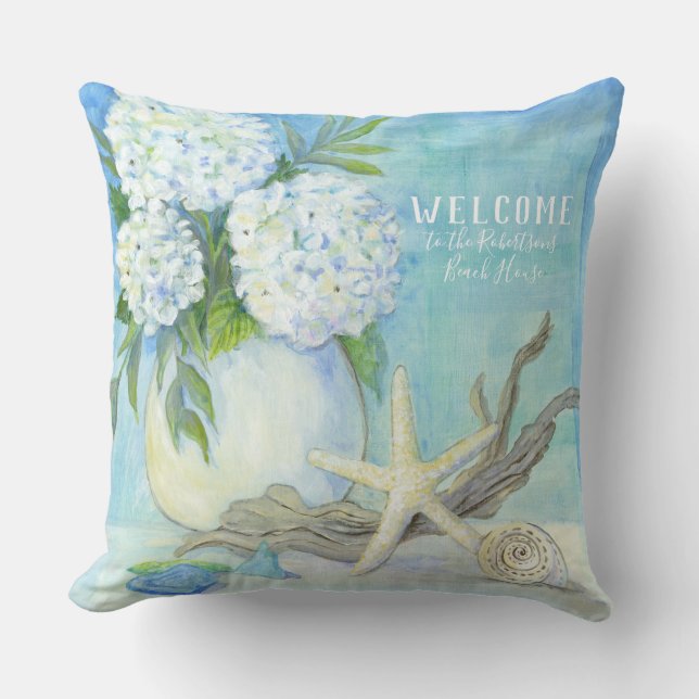 Setzen Sie Seeglas Hütteweißes Hydrangeaseashell-n Kissen (Vorderseite)