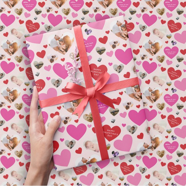 Seven Foto Valentine's Day Heart Geschenkpapier (cute pink and red Valentine's Day gift wrap with seven personalized photo hearts and custom text)