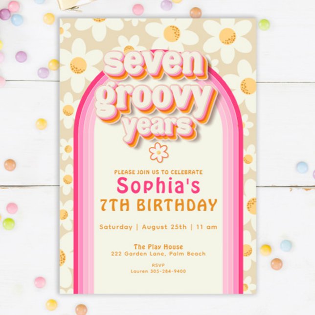 Seven Groovy Years Daisy Rainbow Birthday Invitati Einladung (Von Creator hochgeladen)