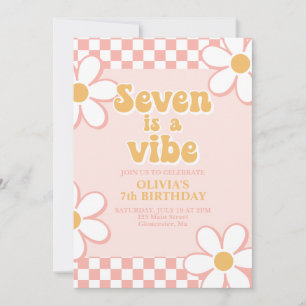 Seven is a Vibe Retro Check Pink Gänseblümchen Einladung