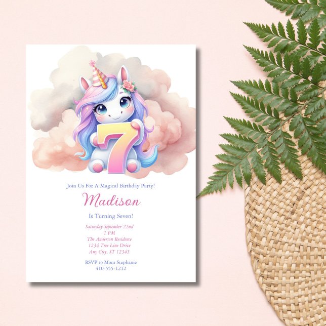 Seven Pink Blue Lila Girl Geburtstag Einladung (Girls Unicorn 7th Birthday invitation. Printed or Digital Download. Watercolor Pink Blue Purple)