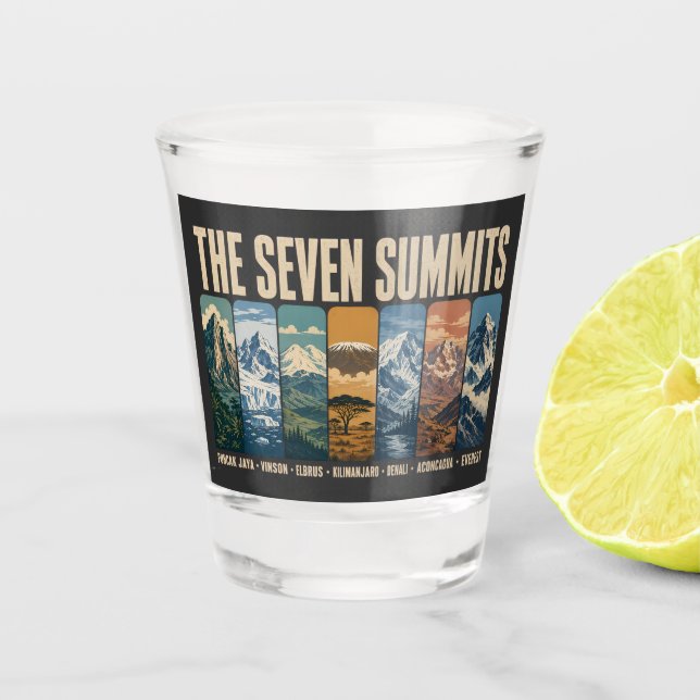 Seven Summits Mountain Landmarks Illustration Schnapsglas (Vorderseite)