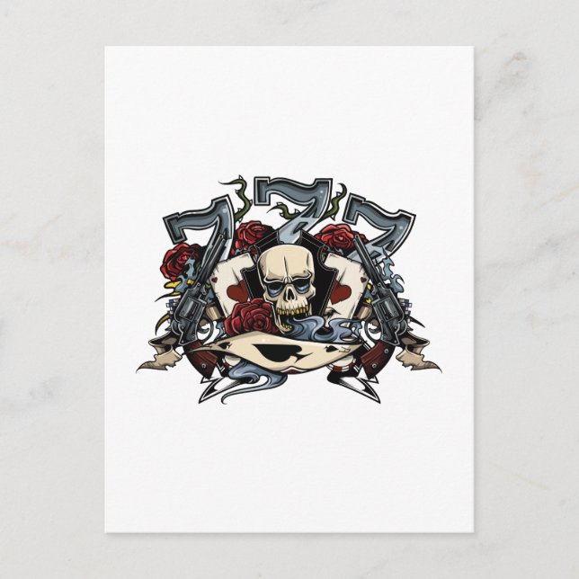 Sevens Skull Rose Ace of Spades Gambling Postkarte (Vorderseite)