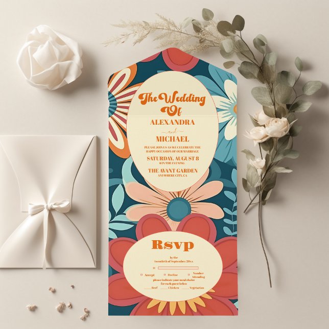 Seventies Retro Floral Wedding All In One Einladung (Von Creator hochgeladen)