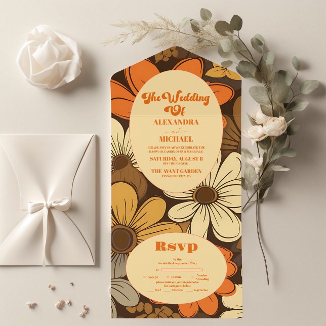 Seventies Retro Floral Wedding All In One Einladung (Von Creator hochgeladen)