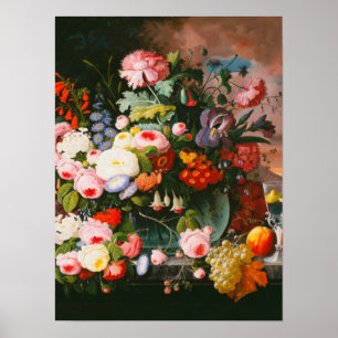 Severin Roesen - Stillleben von Blume und Obst Poster