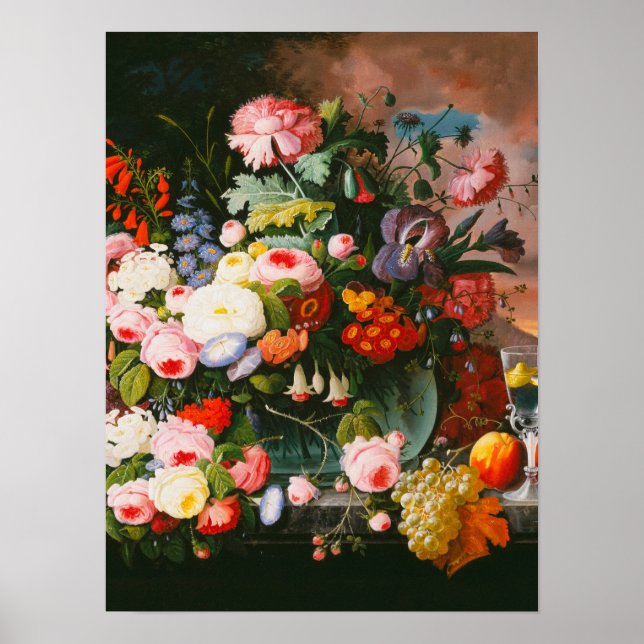 Severin Roesen - Stillleben von Blume und Obst Poster (Vorne)