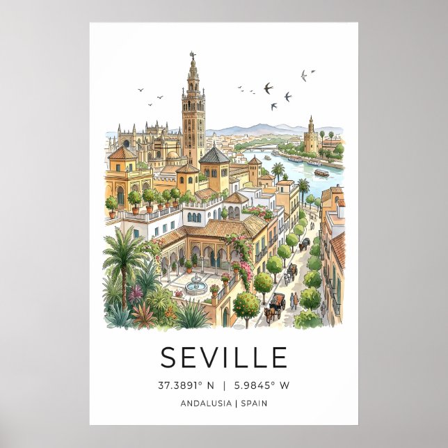 Sevilla-Kunstposter illustrierte Skyline mit Poster (Vorne)
