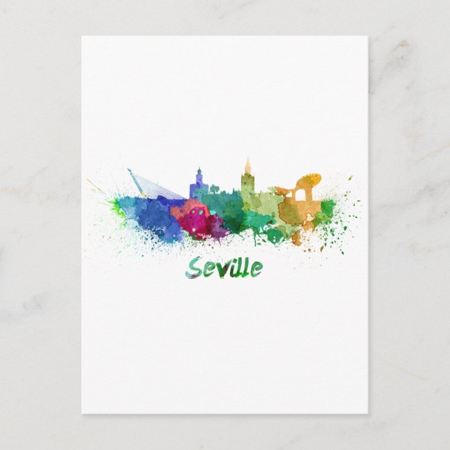 Sevilla Skyline in Aquarellfarbe Postkarte (Vorderseite)