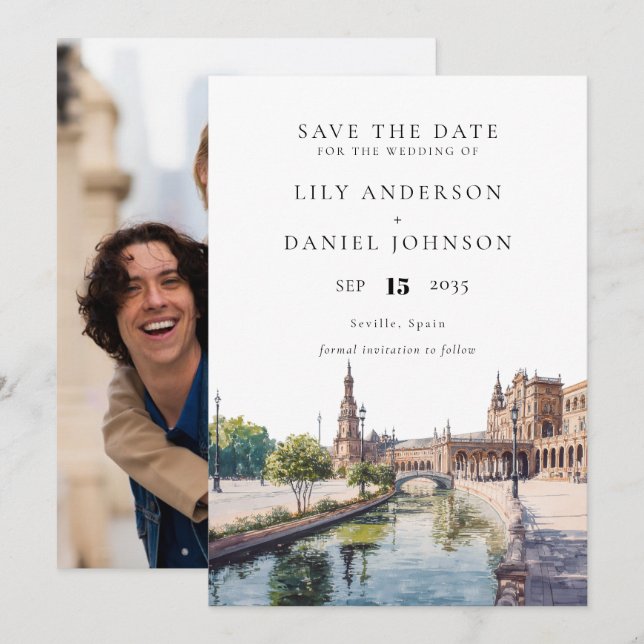 Sevilla Spanien Aquarell Foto Hochzeit Save The Date (Vorne/Hinten)