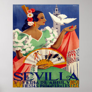 Sevilla, Spanien, Frau mit weißer Taube, Vintag Poster