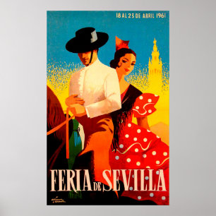 Sevilla, Spanien, Paar auf Pferd, Vintage-Reise Poster