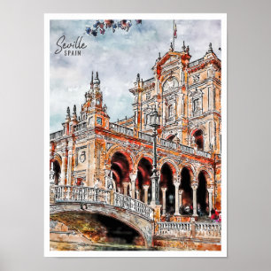 Sevilla Spanien Vintage-Reise Aquarell Poster