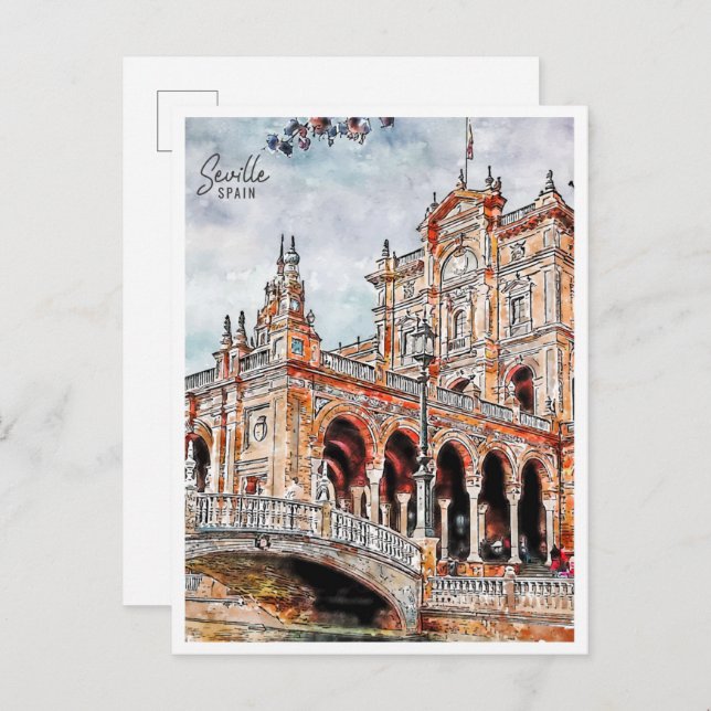 Sevilla Spanien Vintage Reise Aquarell Postkarte (Vorne/Hinten)