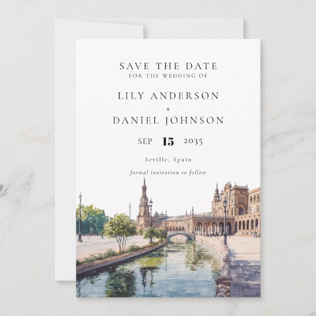 Seville Spain Watercolor Elegant Wedding Save The Date (Vorderseite)